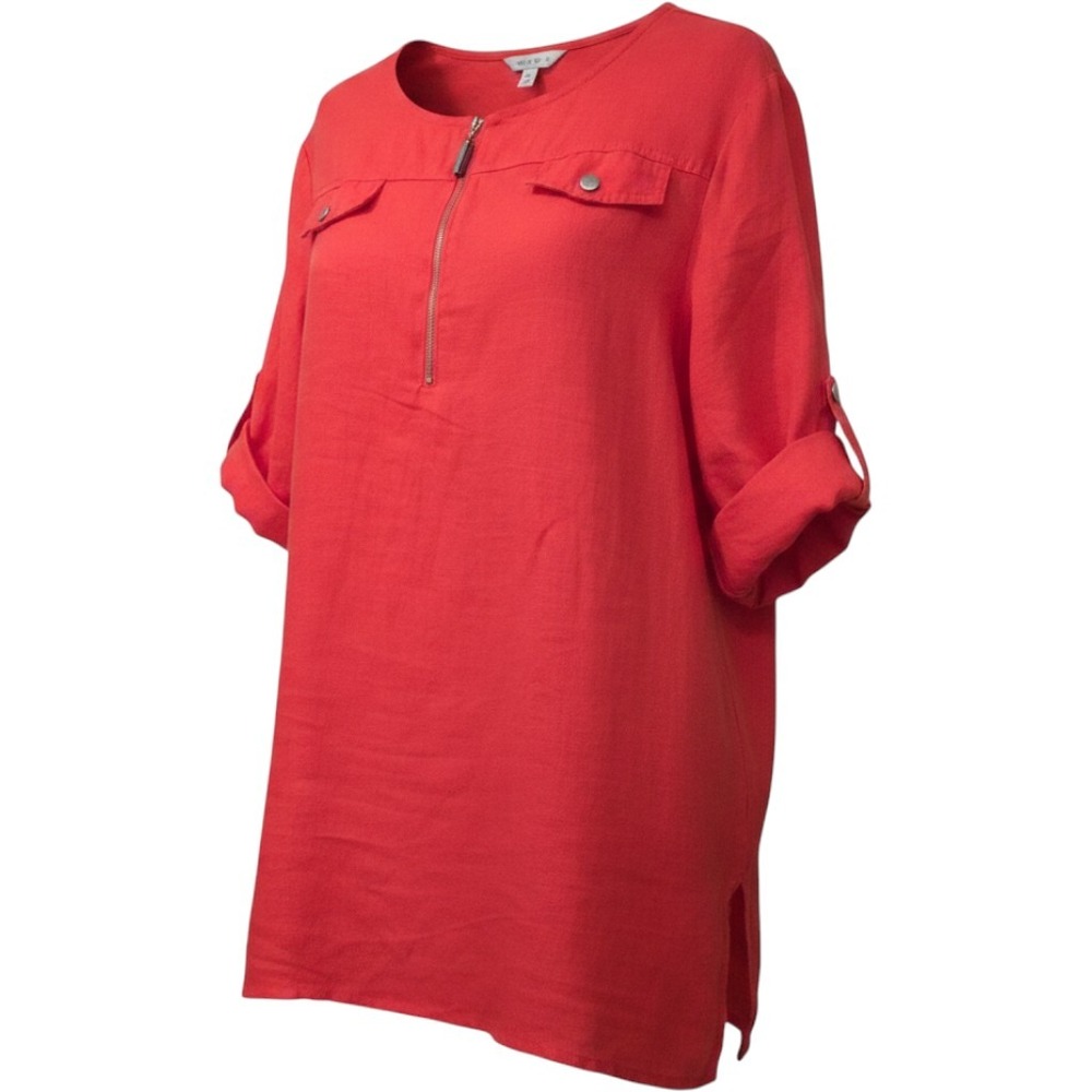 Ellen Tracy Poppy Red 100% Linen Tunic Top XXL 3/4 Roll Tab Sleeve Zip NWT